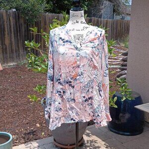 Style & Co. Long Sleeve Button Ruched Blouse Top Floral Peach Pink Dress Shirt L